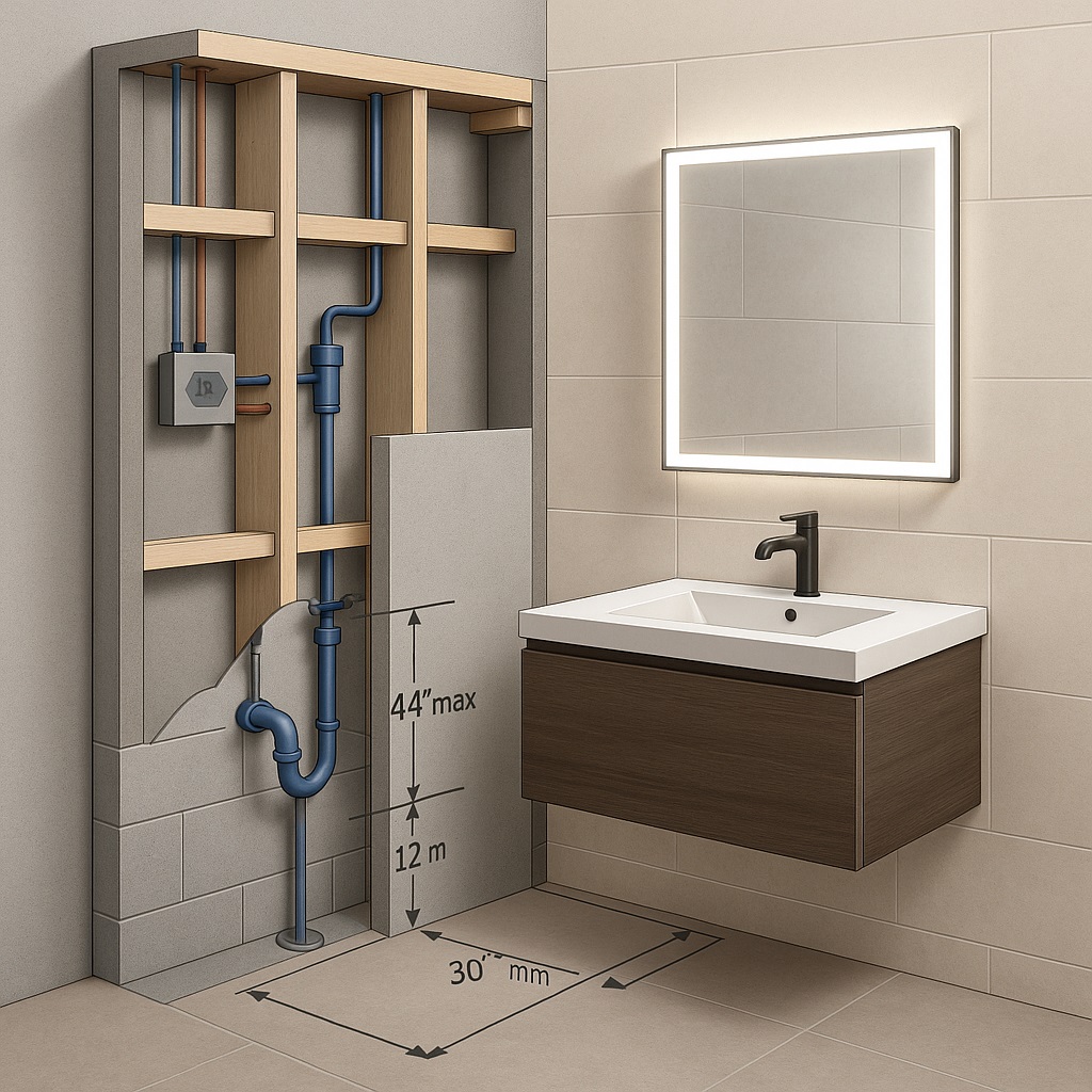 Coordinated wall-mounted sink, mirror, and lighting zone